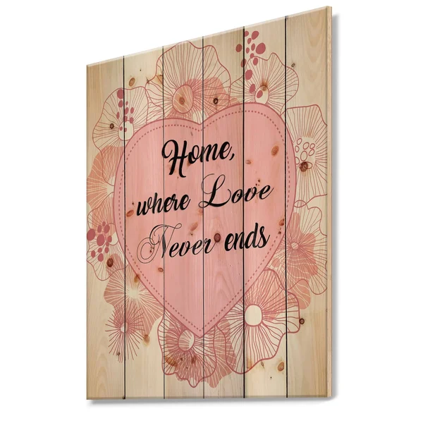 Designart 'Home Where Love Never Ends. Pink Floral Heart' Textual Entrance Art on Wood Wall Art - 20 in. Wide x 40 in. High