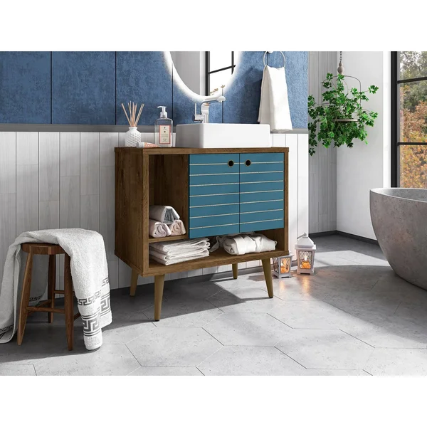 Manhattan Comfort 240BMC93 Liberty 31.49 Bathroom Vanity with Sink and 2 Shelves in Rustic Brown and Aqua Blue