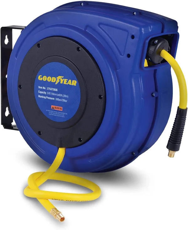 Goodyear Retractable Air Compressor/Water Hose Reel - Max. 300psi 3/8 inch x 65 ft Hybrid Polymer Hose