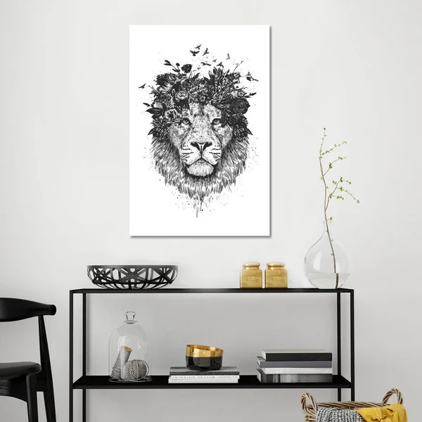Balazs Solti Large Canvas Art Prints - Floral Lion in Black and White ( Animal Art > Wildlife > Wild Cats > Lions ar