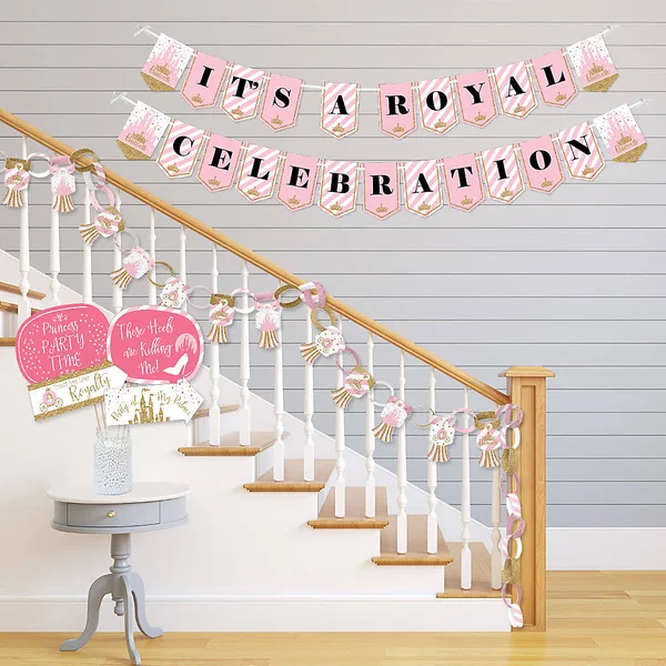 Big Dot of Happiness - Little Princess Crown - Banner and Photo Booth Decorations - Pink and Gold Princess Baby Shower or Birthd