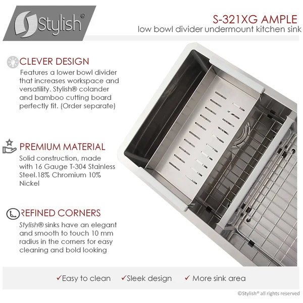 Stylish S-321XG 32x22L x 18x22W Double Basin Undermount Kitchen Sink with Grids and Strainers