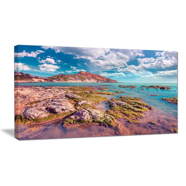 Design Art 'Morning on The Giallonardo Beach' Photographic Print on Wrapped Canvas - Size: 28 inch x 60 inch, Blue