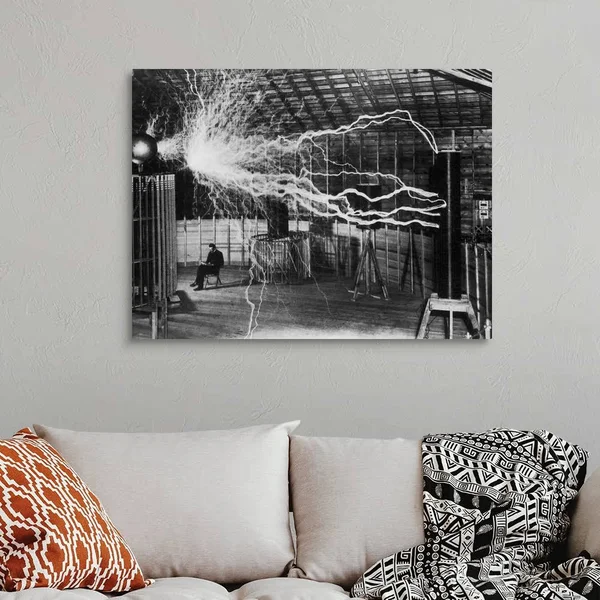 Bolts of Electricity Discharging in The Lab of Nikola Tesla, Canvas Wall Art, 40x30, Great Big Canvas