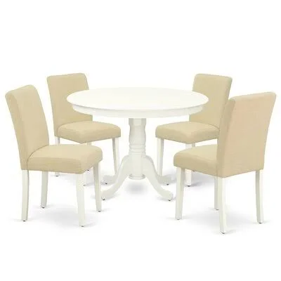Shady 5 - Piece Solid Wood Rubberwood Dining Set Winston Porter Table Color: Linen White - Chair Color: Light Beige