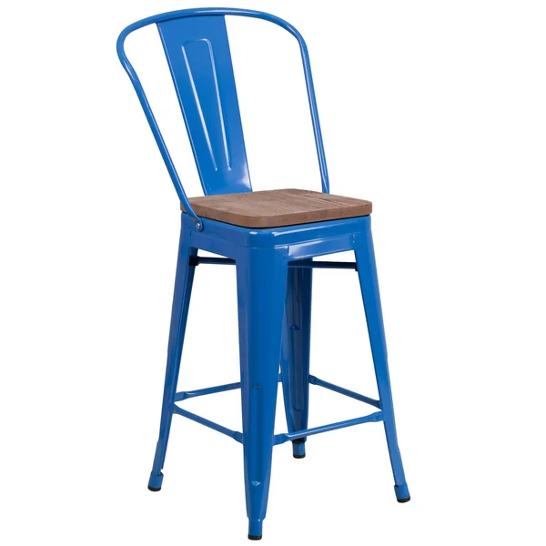 Flash Furniture 24x22 High Metal Counter Height Stool with Back and Wood SEAT - White