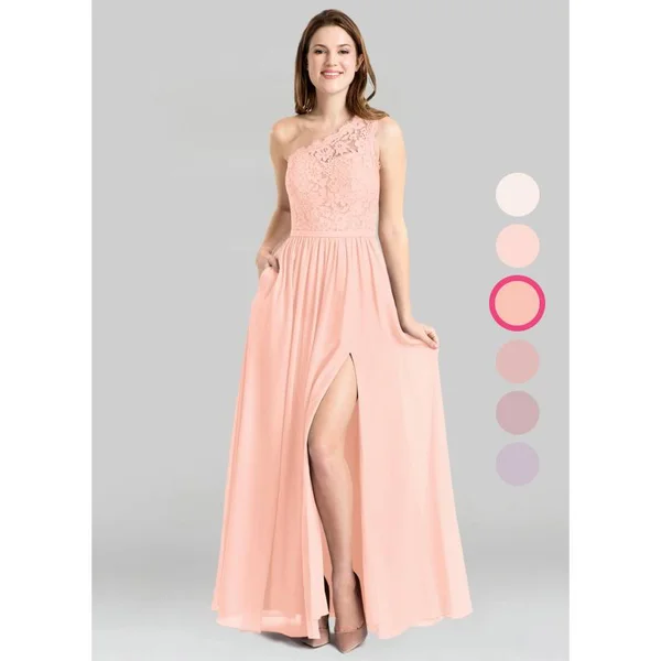Azazie A-Line/Princess One-Shoulder Floor-Length Chiffon Bridesmaid Dresses - Coral