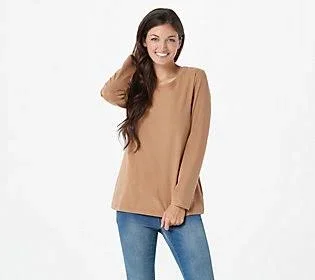 Susan Graver Modern Essentials Cool Cotton Long -Sleeve Top, Size XX-Small, Riverstone