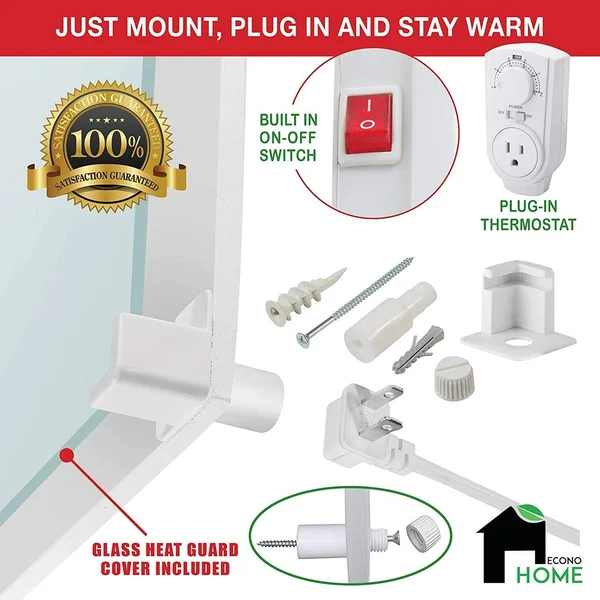 EconoHome Wall Mount Space Heater Panel - with Thermostat and Glass Heat Guard Cover - 400W Convection Heater - for 120 Sq ft Ro - 24 x 24