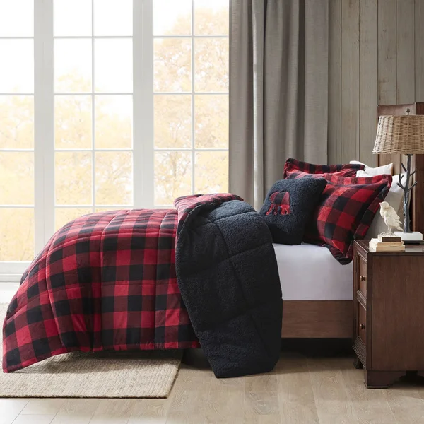Woolrich Alton Plush to Sherpa Down Alternative Comforter Set (Red/Black Buffalo Check - King)