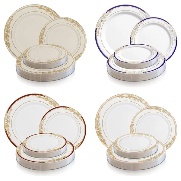 120 Plates - 10.25x22 White with Pink and Gold Harmony Rim Plastic Dinner Plates