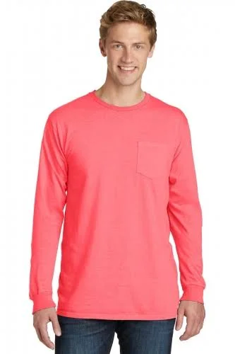 24 Promotional Port and Company PC099LSP Pigment-Dyed Long Sleeve Pocket Tee - Neon Coral - L