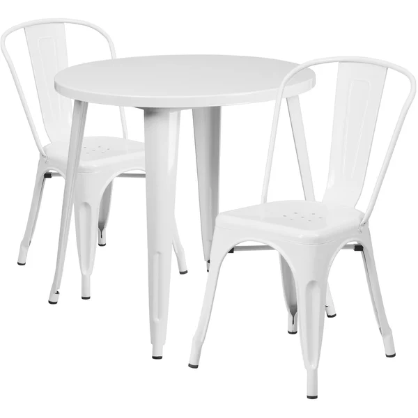 Flash Furniture 30&& Round Metal Indoor-Outdoor Table Set with 2 Cafe Chairs/White