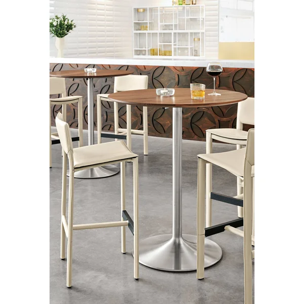 Room & Board, Modern Aria Round Bar Table 42 Diameter 42h in White, White MDF Top w/ Stainless Steel Frame Base