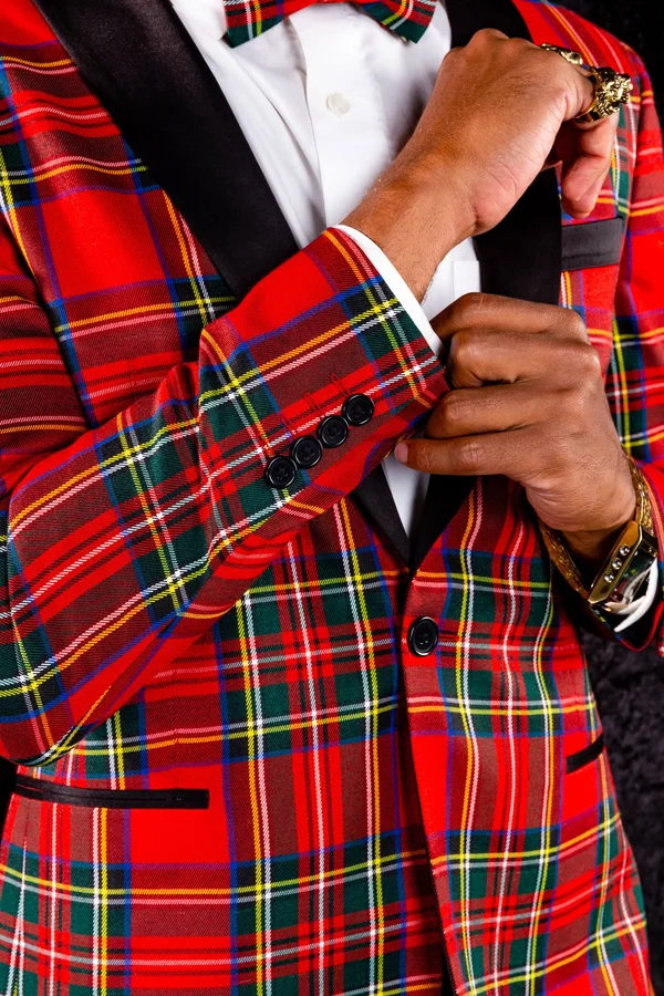 The Rockefeller, Tartan Plaid Tuxedo, Size 52, Black/Red, Shinesty