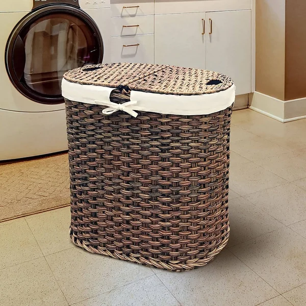 Seville Classics Hand-Woven Oval Double Laundry Hamper /w Liner Mocha