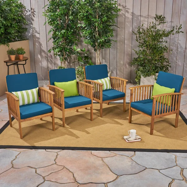 Ray Acacia Outdoor Acacia Wood Club Chairs w/ Cushions - Dark Teal - Brown Patina, Set of 2