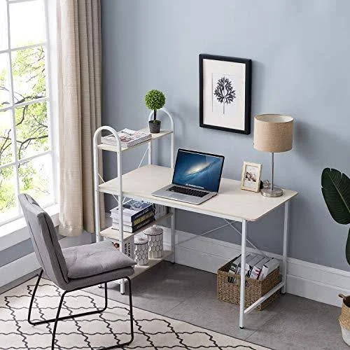 Home Bi Computer Desk with Storage Shelves 47 inch, Reversible Study Writing Table with Adjustable Bookshelf, Home Office Wood P