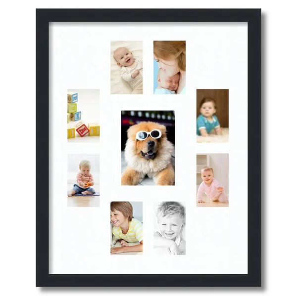 Collage Picture Frame - Satin Black Frame with 9 openings for 5x7 Photos with Super White Mat. D3926T407, ArtToFrames