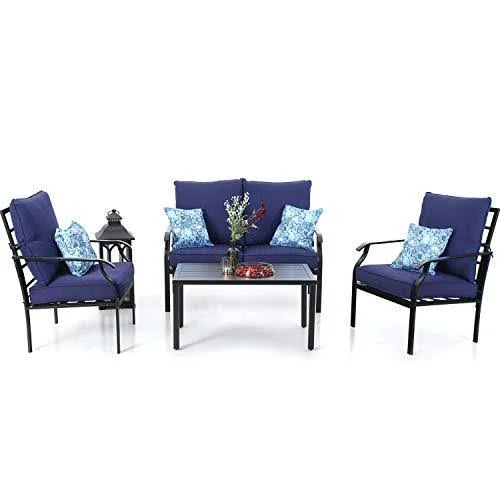 Phi Villa Metal 4 Piece Outdoor Patio Furniture Padded Conversation Set with 1 Loveseat, 2 Chairs, 1 Coffee Table & 4 Free P