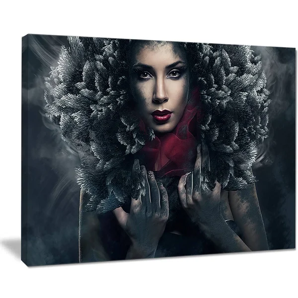 Design Art Passionate Woman in Feather Hood - Art Portrait Canvas Print - 60 x 28 5 Equal Panel