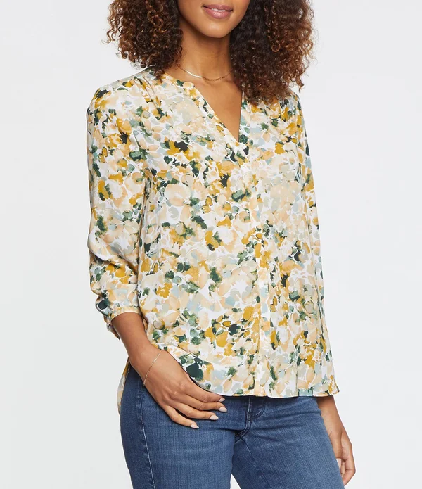 Nydj Westport Bouquet Print Split Round Neck 34 Sleeve Pintuck Blouse - M