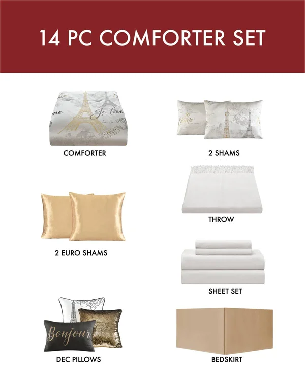 Sunham JE T&aime Paris 14-Pc. King Comforter Set - Natural