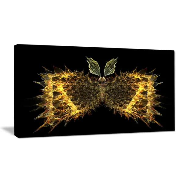 Design Art Golden Fractal Butterfly in Dark - Large Abstract Art Canvas Print - Yellow - 60 in. Wide x 28 in. High - 5 Equal Pane