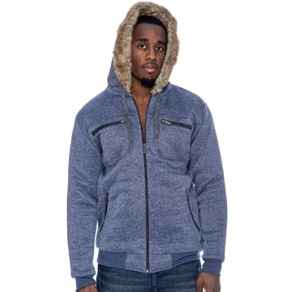 Men's Heavyweight Marled Padded Fleece Lined Hoodie Jacket W/FUR - Black - Medium