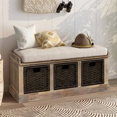Rustic Storage Bench with 3 Removable Classic Rattan Basket, Entryway Bench Storage Bench with Removable Cushion (Antique Navy)