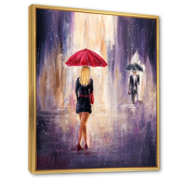 Designart 'The Woman with The Umbrella Walking in The Rain II' French Country Framed Canvas Wall Art Print - 12 in. Wide x 20 in