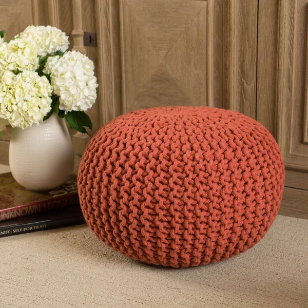 20x22 Coral Orange Contemporary Hand Knitted Pouf Ottoman