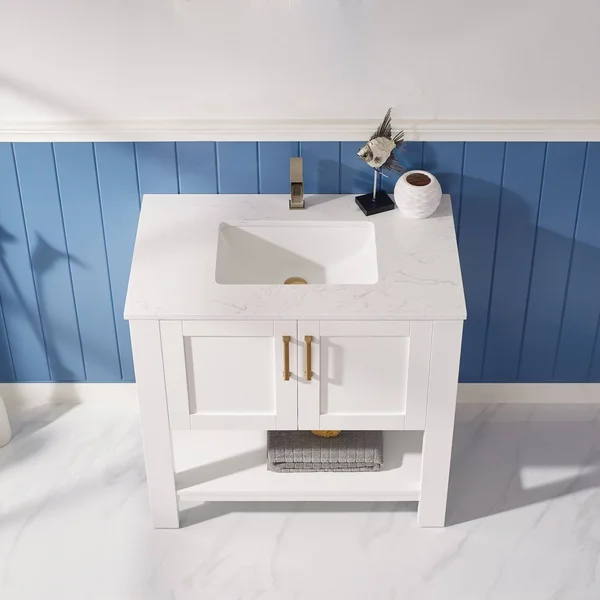Vinnova Grayson 36x22 Single Vanity in White and Composite Carrara White Stone Countertop Without Mirror