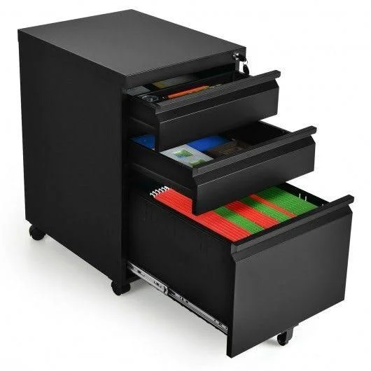 3-Drawer Mobile File Cabinet STEE with Lock-Black
