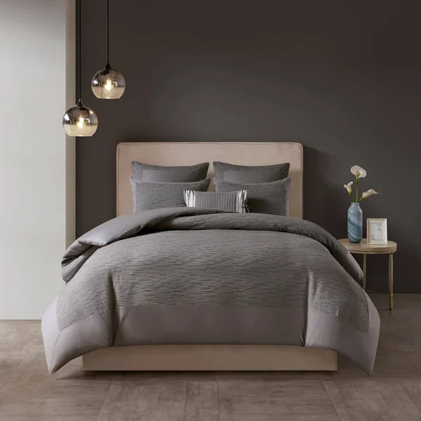 N Natori Hanae Cotton Blend Yarn Dyed 3 Piece Comforter Set Grey King