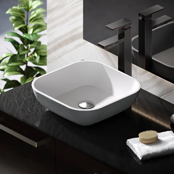 Rene R11-5003-Plt-R9-7003 Stone Composite Square Vessel Sink - Platinum - Chrome, Silver