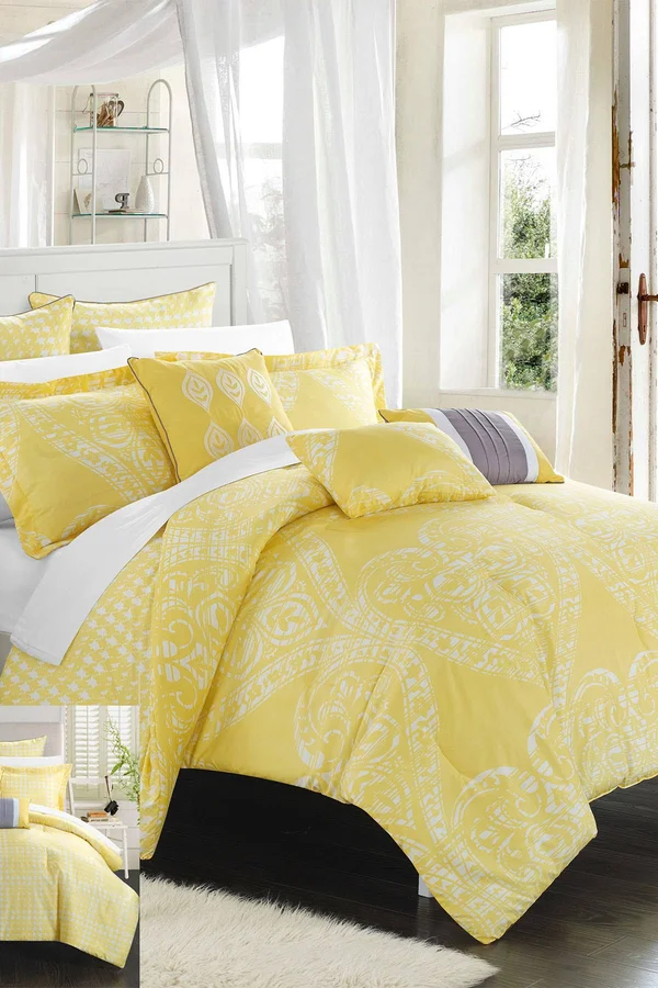 Parma Sicily Reversible Printed Comforter Set Yellow, Size: Queen