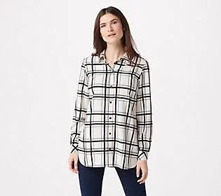 Susan Graver Printed Stretch Woven Button FrontTunic Shirt, Size Medium, Ivory Lace