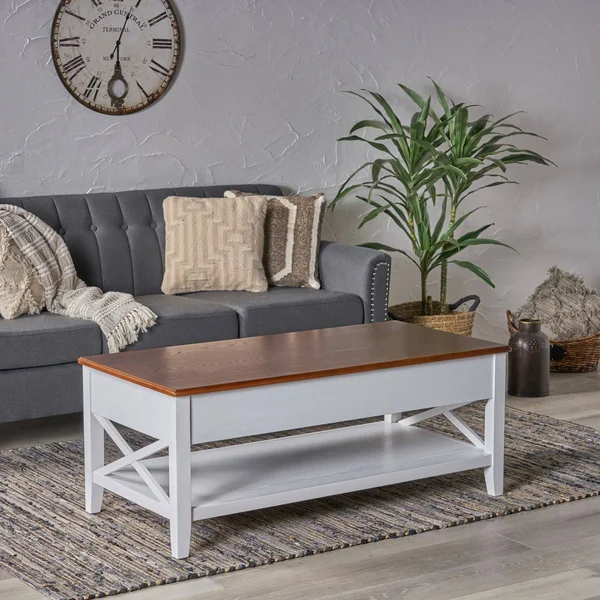 48x22 Brown and White Contemporary Rectangular Coffee Table with Adjustable Top