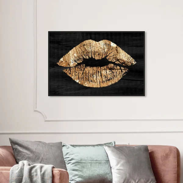Oliver Gal Fashion and Glam Wall Art Framed Canvas Prints &Solid Kiss Night& Lips - Gold - Black - 54 x 36