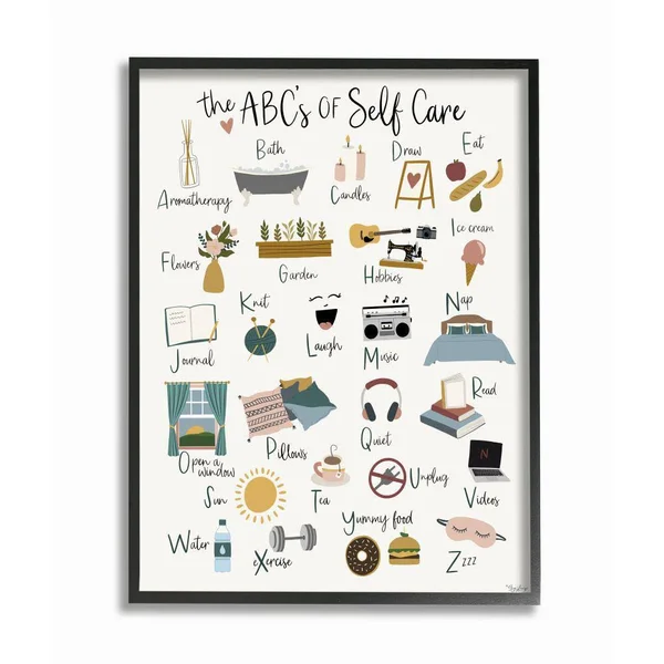 Stupell Industries ABC&s of Self Care Adult Relaxation Alphabet Framed Wall Art Design by Gigi Louise, 24 inch x 30 inch, Black