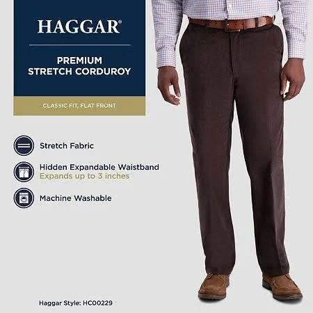 Haggar Men's Corduroy Classic Fit Flat Front Expandable Waistband Pant