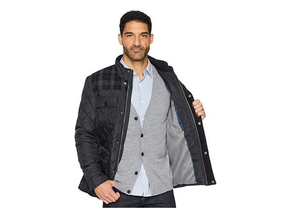 Cole Haan Quilted Plaid-Yoke Mixed-media Jacket, Black, Men's, Medium