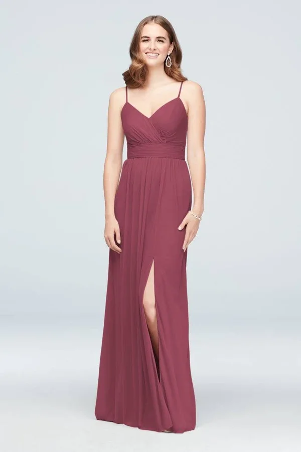 David&s Bridal Spaghetti Strap Ruched Waist Mesh Bridesmaid Dress - Chianti, 20