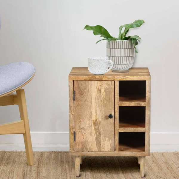 The Urban Port Transitional Mango Wood Side Table with Open Cubbies and Door Storage - Natural Brown