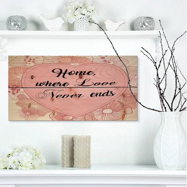 Designart 'Home Where Love Never Ends. Pink Floral Heart' Textual Entrance Art on Wood Wall Art - 20 in. Wide x 40 in. High