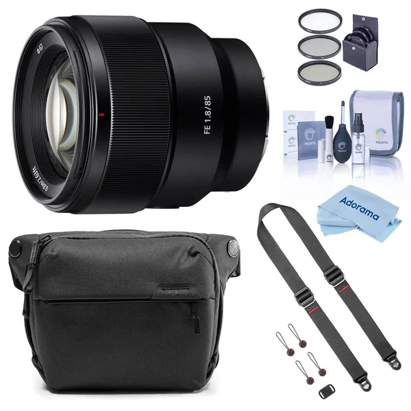 Sony Fe 85mm F1.8 E-Mount Lens Bundle with Peak Design 6L Everyday Sling V2 - Black, SlideLITE Strap, Filter Pack, Cleaning Kit