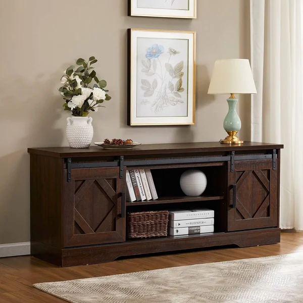 Wampat Farmhouse Sliding Barn Door TV Stand Rustic Gray for TVs Up to 65x22 - Rustic Brown Wash