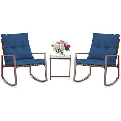 Kinzie Outdoor 3 Piece Bistro Set with Cushions Rosalind Wheeler Cushion Color: Dark Blue, Frame Color: Brown