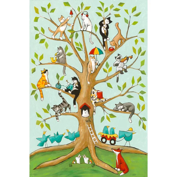 Marmont Hill Cats Up A Tree by Janet Nelson Painting Print on Wrapped Canvas - Size: 36 inch x 24 inch